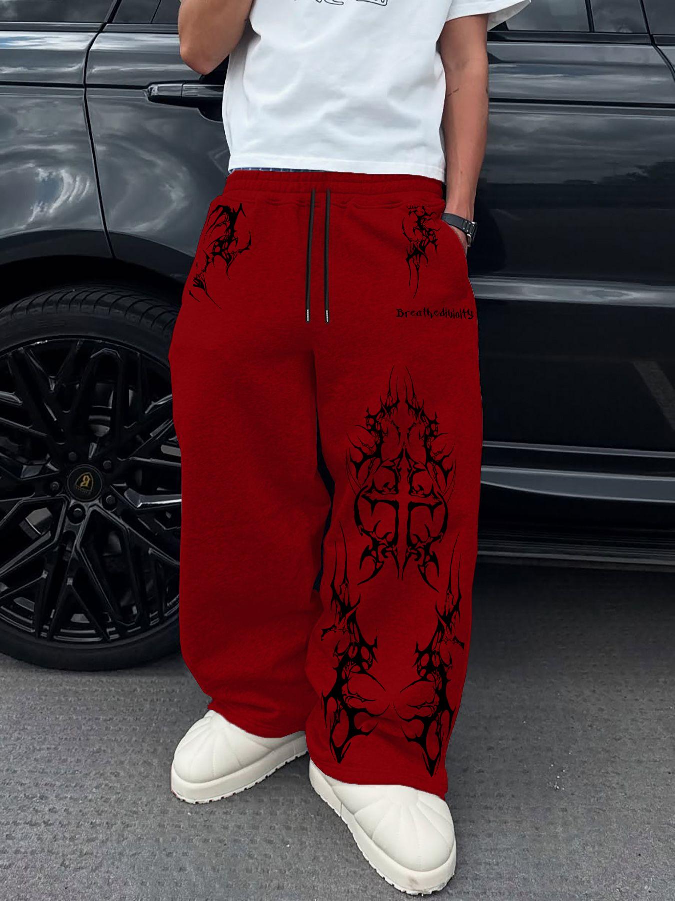 Men's Fashion Casual Sport Pants, Dark Totem Print, Cool Style, Loose Fit, Drawstring Waist, Breathable Sweat-Absorbent, Streetwear, Athletic Bottoms