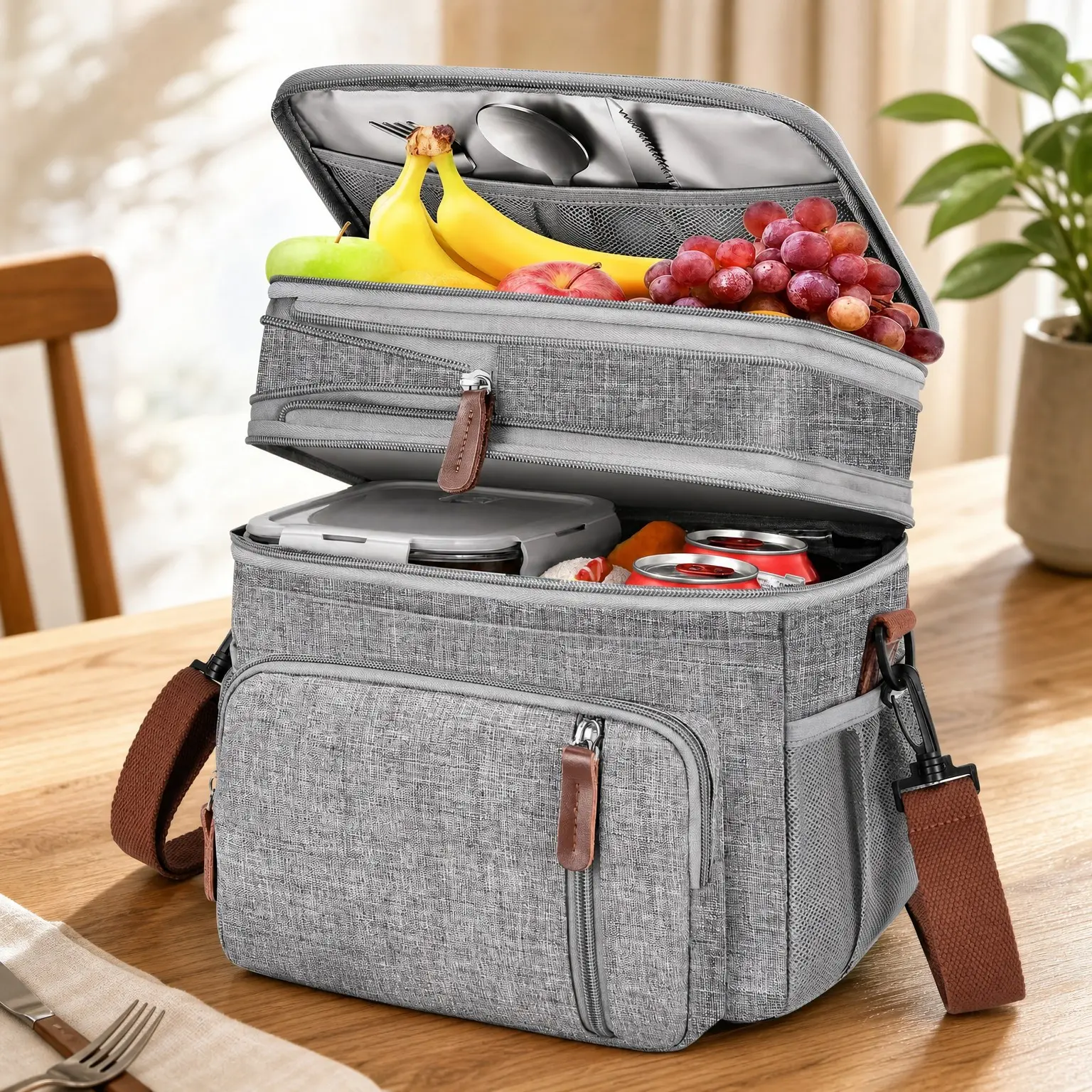 Women's Double-Deck Expandable Insulated Lunch Bag with Shoulder Strap, Leakproof Durable Large Cooler Tote for Work, Picnic, Beach, 16L, GrayGift