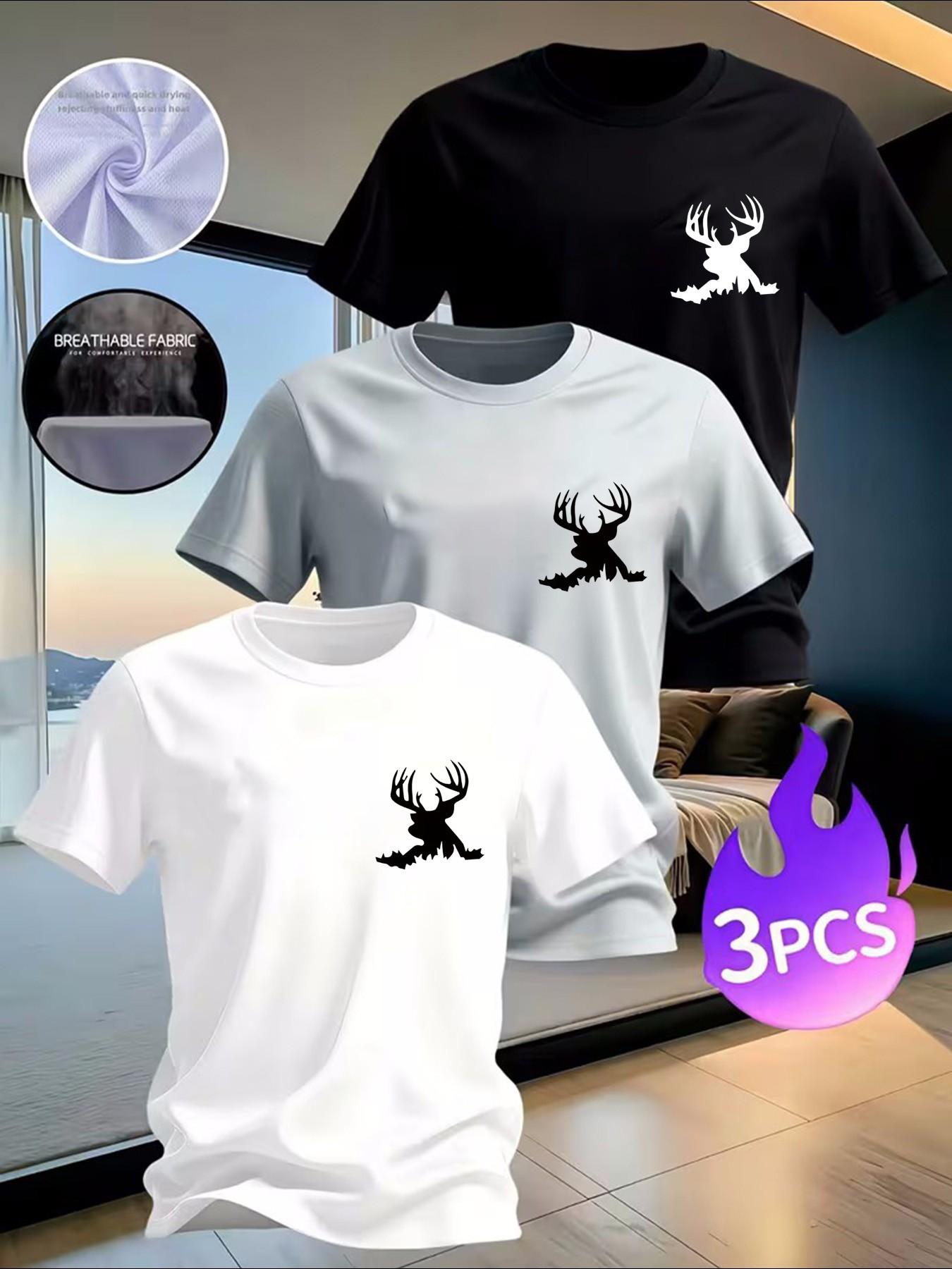 3-Pack Men's Wildlife T-Shirts, Deer Antler Graphic Tees, Breathable Casual Tops for Hunting Enthusiasts，Available in multiple colors