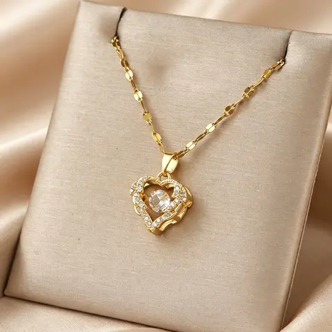 Women's Stainless Steel Necklace with Artificial Zircon Design, Heart Shaped Necklace, Rhinestone Pendant Jewelry, Elegant Dainty Necklace, Jewelry Gift for Her, Pendant Necklaces