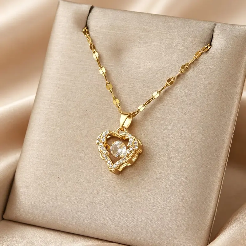 Women's Stainless Steel Necklace with Artificial Zircon Design, Heart Shaped Necklace, Rhinestone Pendant Jewelry, Elegant Dainty Necklace, Jewelry Gift for Her, Pendant Necklaces