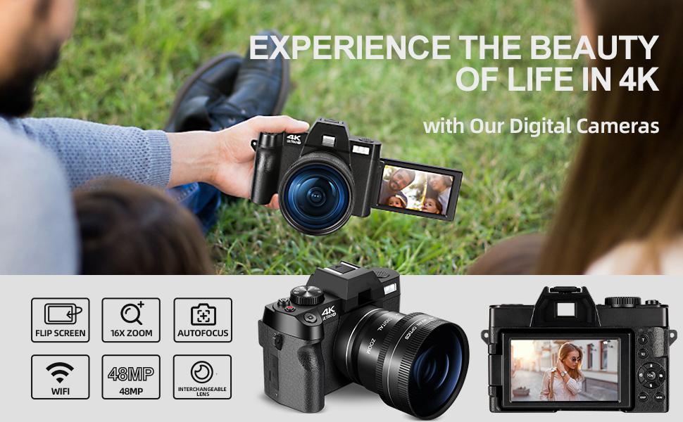 4K Digital Cameras for Photography, 48MP Vlogging Camera for YouTube with WiFi, 180° Flip Screen Compact Camera with Flash