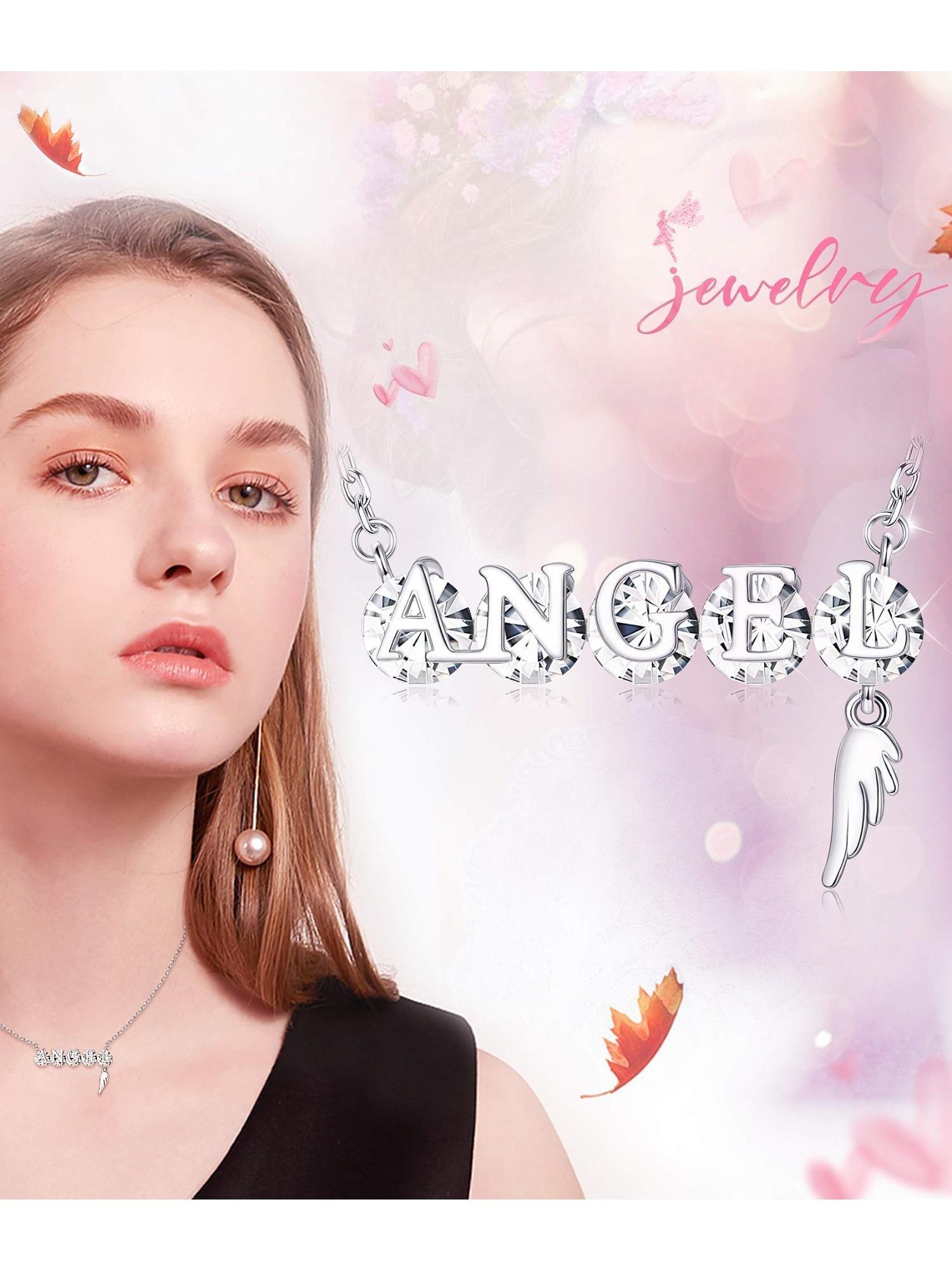 1 Pc Elegant Silvery ANGEL Letter Necklace with Sparkling Swarovski Crystal for Women Men Angel Wing Charm Trendy Meaningful Jewelry Piece Constructed with Durable Hypoallergenic Copper Lightweight Skin-friendly Ideal for Prolonged Daily Wear