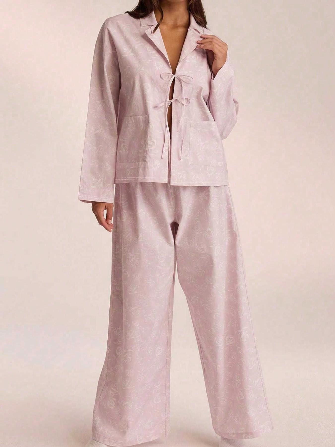 Women's Floral Print Lapel Sleepwear Set, Casual Comfortable Full Body Flower Pattern, Ladies Homeewear Suit for Spring & Fall