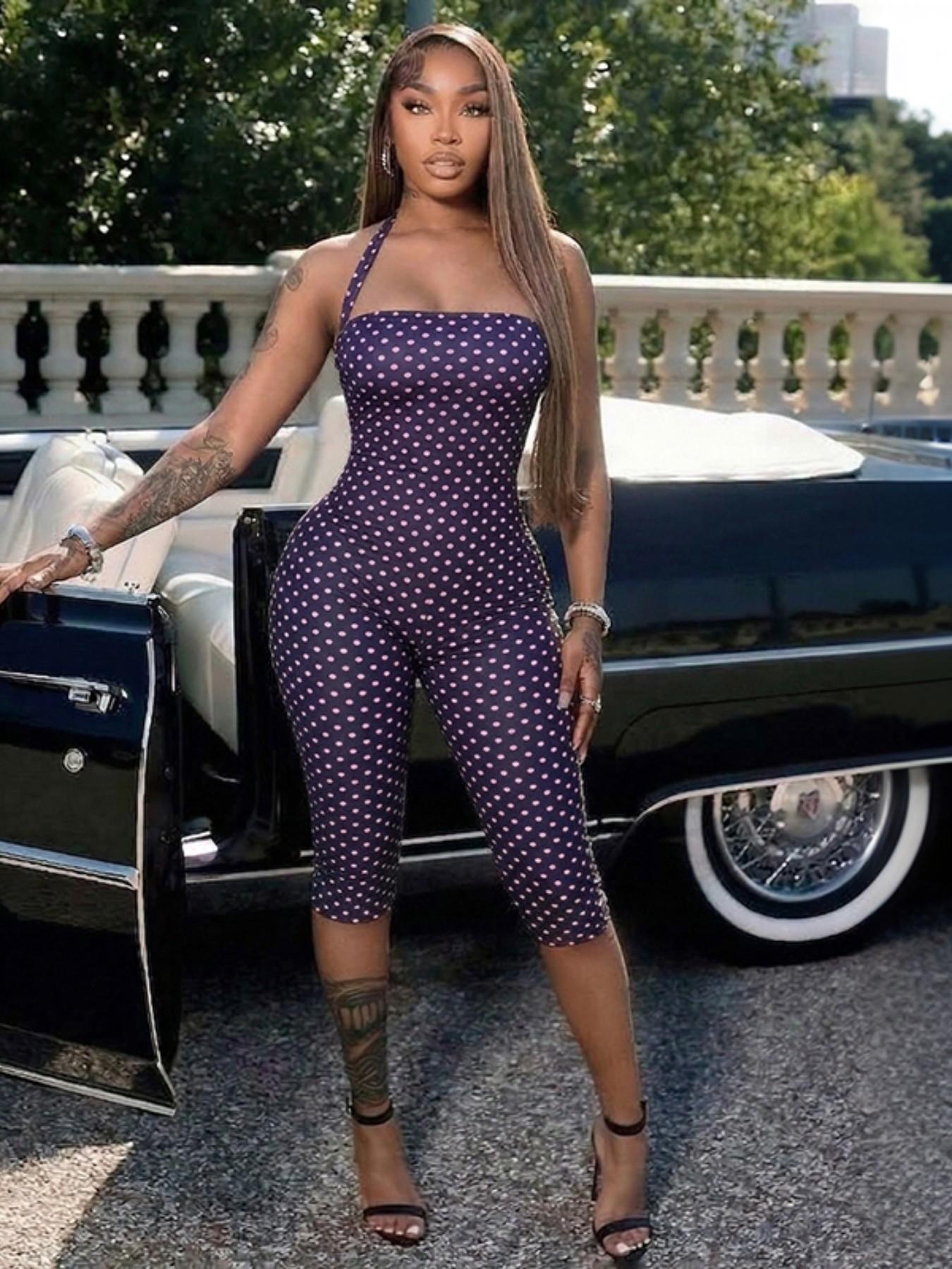 Women's Polka Dot Sleeveless Halter Bodycon Fit Long Pants, Elegant Retro Chic Style, Perfect for Daily Commute and Dates Women's Polka Dot Sleeveless Halter Bodycon Fit Long Pants, Elegant Retro Chic Style, Perfect for Daily Commute and Dates