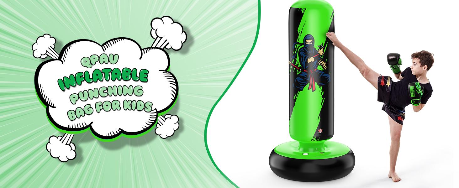 QPAU Premium PVC Kids Punching Bag 66 Inch Stable Inflatable Rebound Boxing Bag with Gloves Stand for Karate Taekwondo MMA Training Exercise Fitness Strength Fun Ages 6-12