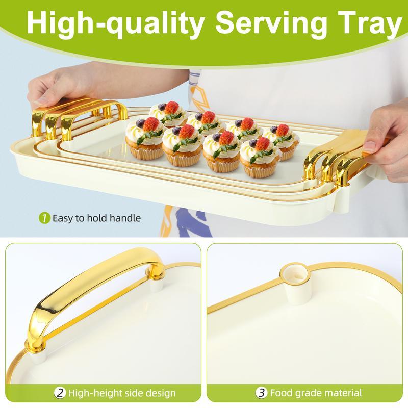 3 Pack Serving Tray with Handles, Stackable Reusable Trays for Serving Food, Plastic Serving Platters for Party, Charcuterie, Fruit, Appetizer