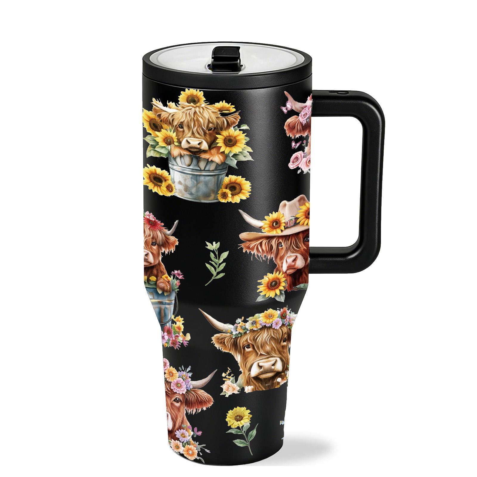 AuraCup 1pc 40oz Insulated Tumbler with Handle and Lid, Highland Cow Floral Farm Style Stainless Steel Travel Cup, Cute Cowgirl Sunflower Design Coffee Water Mug, Double Wall Vacuum Tumbler for Hot Cold Drinks, Perfect Gift for Farm Lovers, Country Wester