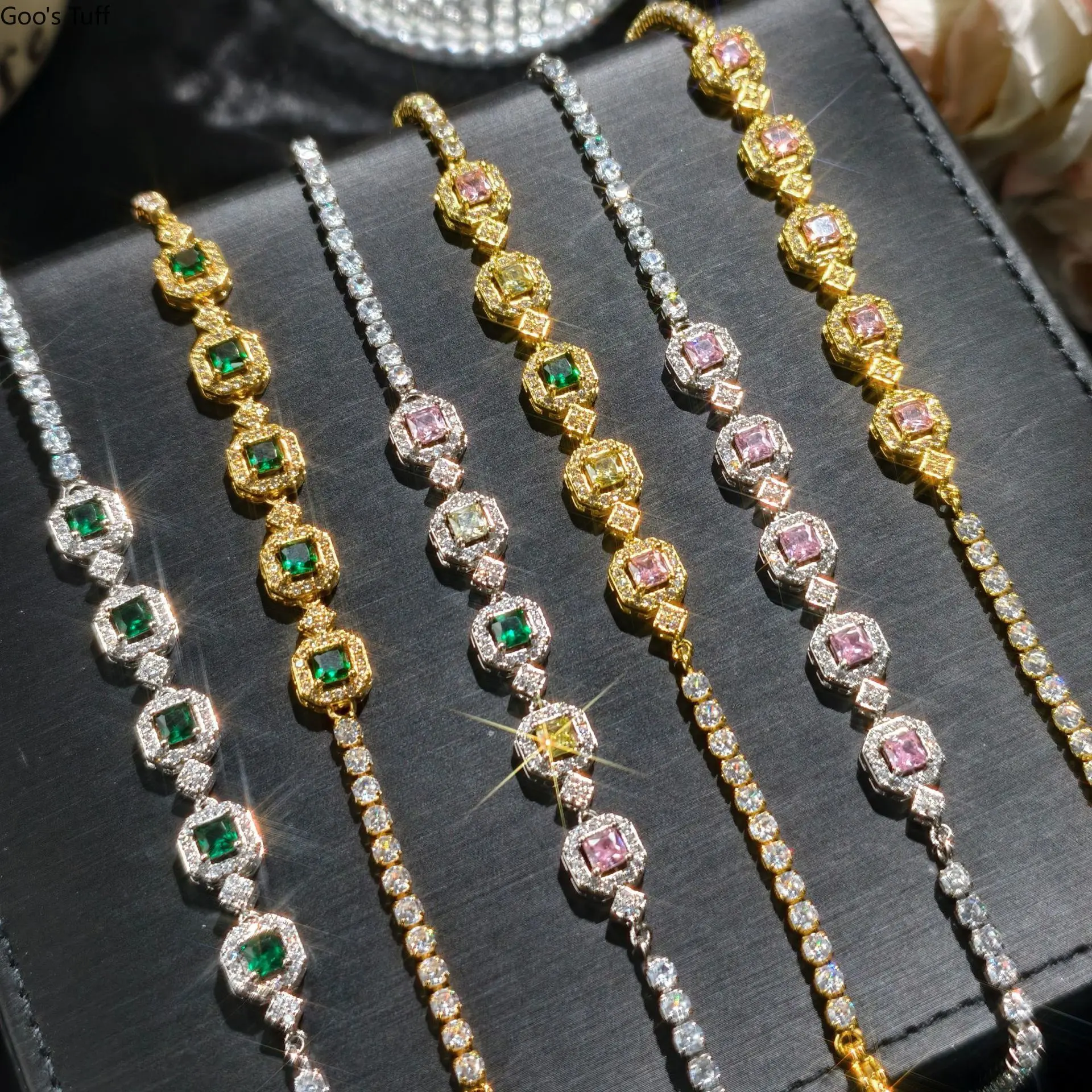 Bracelet Zircon Bracelet Simulated Colorful Tourmaline Princess‑Cut Full‑Paved Zircon Women Bracelet Elegant Fashion Wrist Jewelry for Daily Wear Date Night Banquet Party Occasions