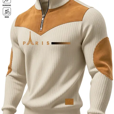 Men's Fall Winter Bestselling Long Sleeve Polo Shirt, Half Zip Stand Collar, Shoulder Patch Design, Casual Business Wear, Outdoor Sports