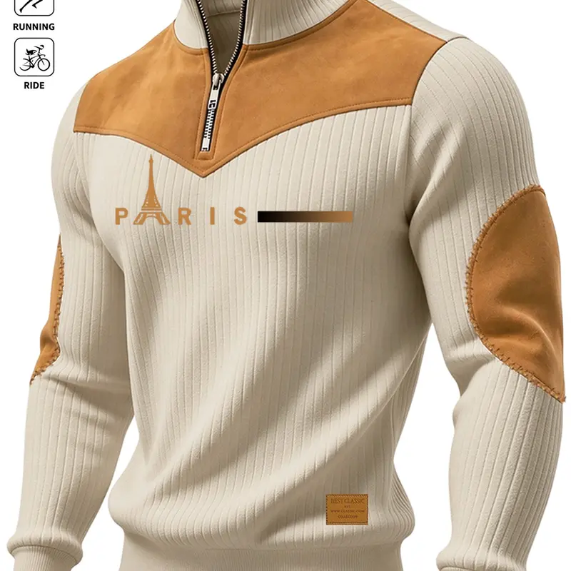 Men's Fall Winter Bestselling Long Sleeve Polo Shirt, Half Zip Stand Collar, Shoulder Patch Design, Casual Business Wear, Outdoor Sports