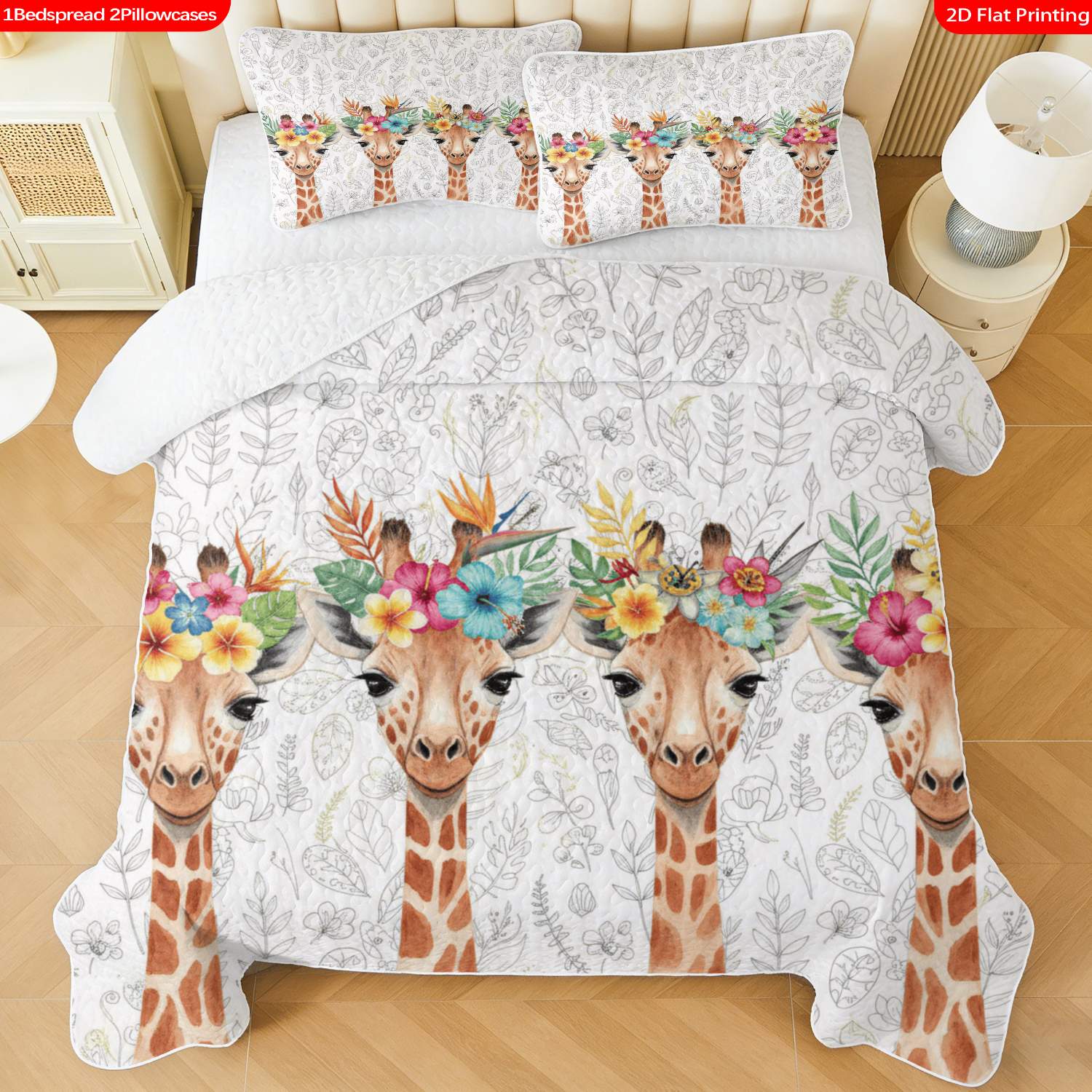 3 pcs, 2D flat print Watercolor Giraffe Floral Crown Bed Cover Set, Multiple Sizes Available, Bedding Set, All Seasons, Gift for Loved Ones(1 bedspread , 2 pillowcases)