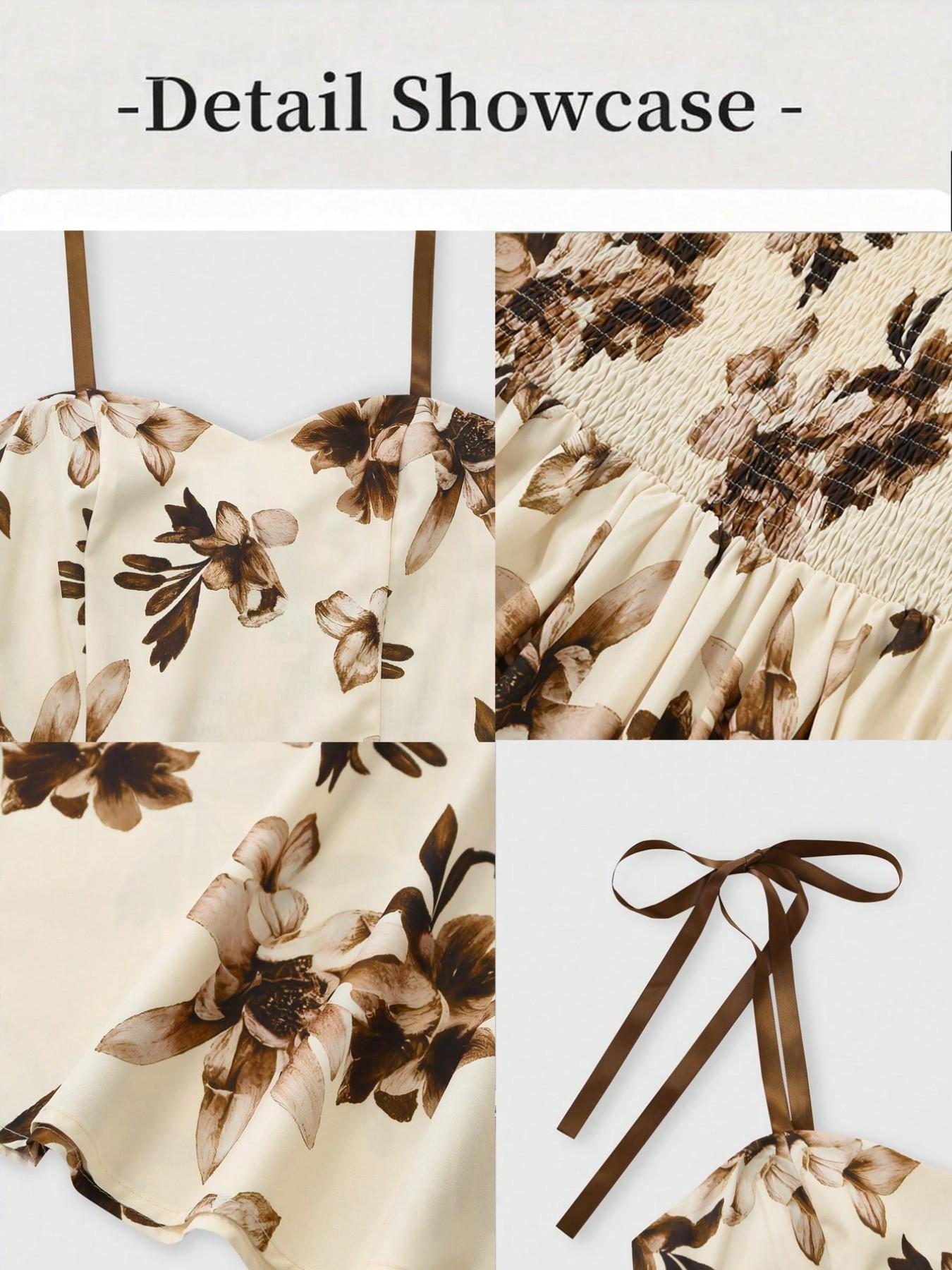 Women's Apricot Brown Floral Print Vintage Spaghetti Strap A-Line Dress, Evening Party Formal Dress, Summer Elegant Flowy French Bohemian Dress for Beach Music Festival Holiday
