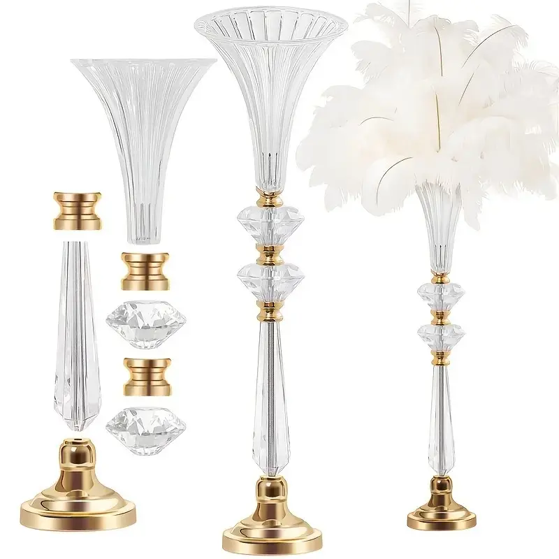 2 high crystal acrylic vases, 23.6 large clear decorative small vase, ribbed wedding stand, table/floor vase for bridal shower and dining room, home decor