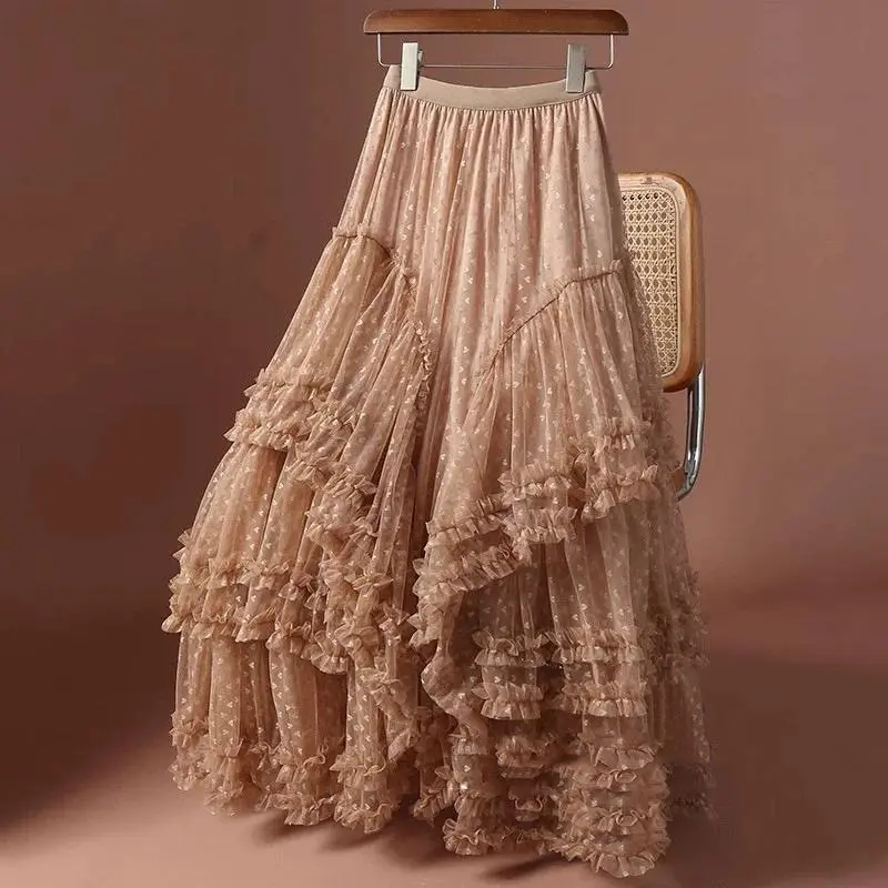 2026 Tulle Maxi Skirt Women High Waist Tiered Ruffle Lace Long Skirt Elegant Sweet Flowy Fairy Skirt Wedding Party Casual Street