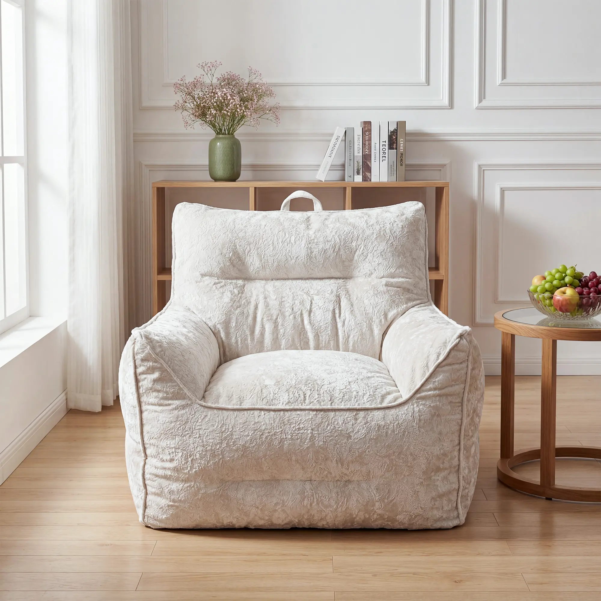 Chenille Bean Bag Lounge Chair with Backrest - Single Seat Floor Cushion Sofa - Comfortable Reading & Gaming Chair for Adults & Kids - Compact, Fully Assembled, 90×90×76cm - Color: White