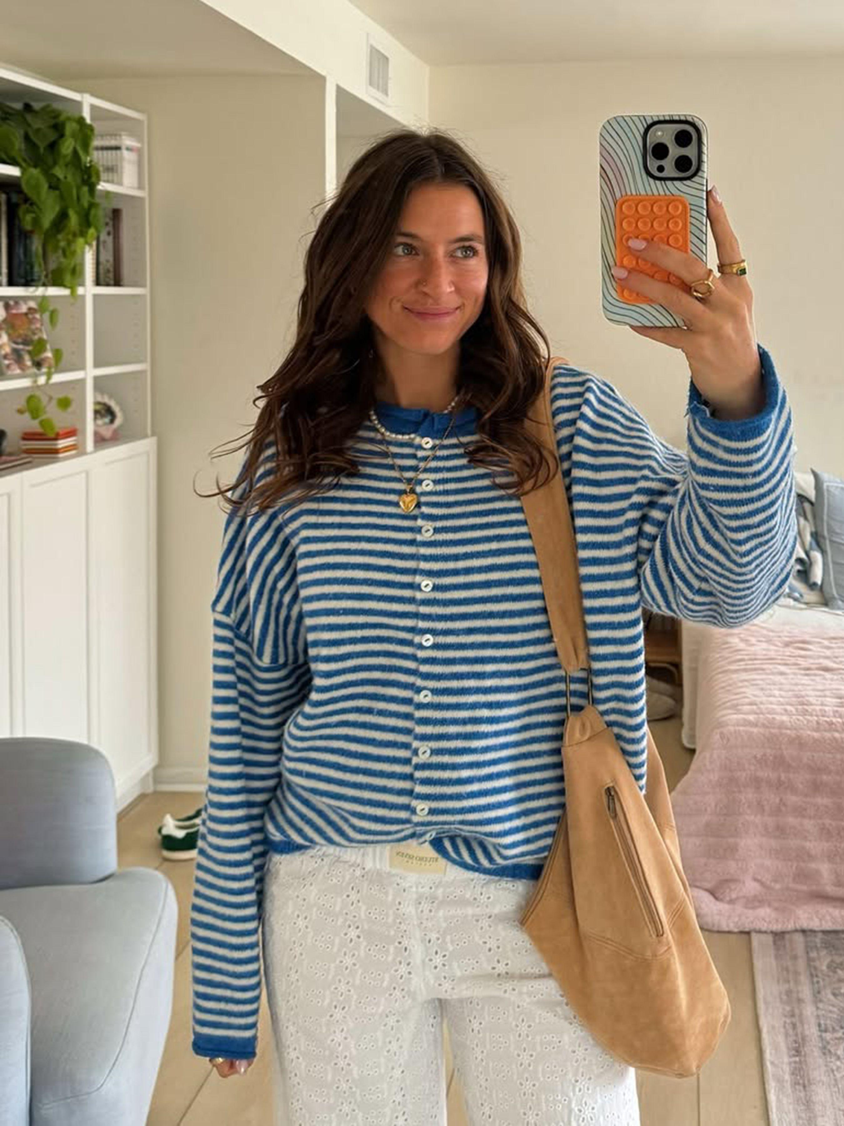 Women's Striped Casual Trendy Long Sleeve Loose Knit Sweater, Lady Tops, Womenswear, Lightweight Fall & Winter Fashion, Button Front Open Front Design