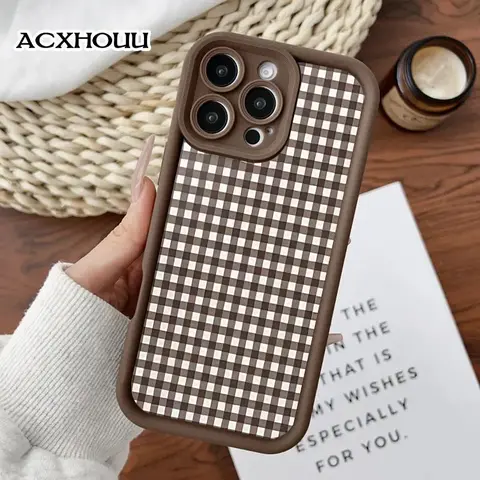 1-Piece Soft Non-Slip Silicone TPU Phone Case with Brown Gingham Print and Straight Edge, Drop-Resistant Rugged Waterproof Cover for iPhone 17 Pro Max, 16, 16E, 15, 14 Plus, 13, 12 Mini, 11, X and XS, Valentine's Day Gift Accessory