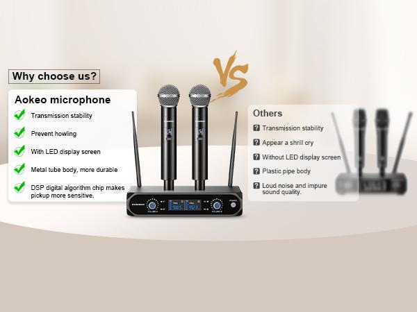 Aokeo V200 Wireless Microphone System - 100ft Range, Metal Wireless Mic Set with Case,Handheld Cordless Dynamic Microphones for Singing, Karaoke, Church, DJ, UHF