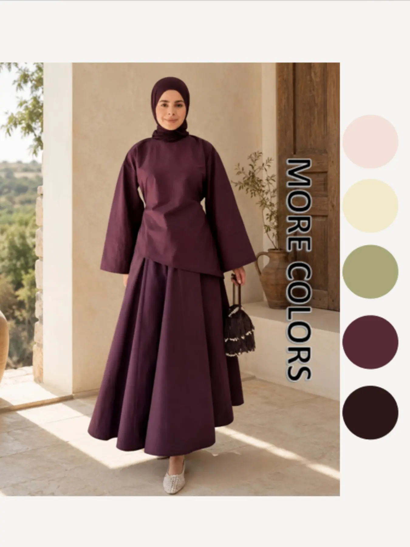 Lm139 Muslim Robe Two-Piece Set, Asymmetrical Cut Long Sleeve Top, Waist Tie Half-Length Skirt, Casual Loose-Fit, All Seasons, Fashion Muslim Set
