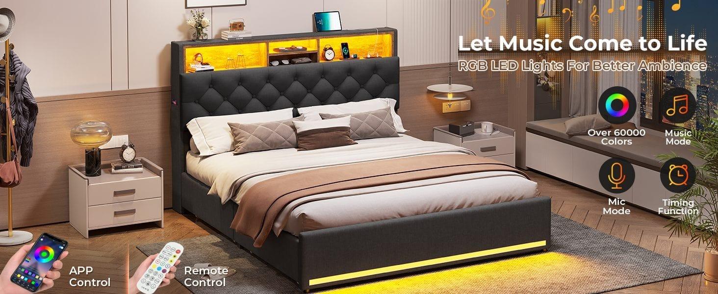 Sikaic Upholstered Platform Bed Frame with LED Lights & Charging Station Hidden Storage Headboard and 4 Drawers Linen Dark Grey Furniture Home Bedroom Bedframe