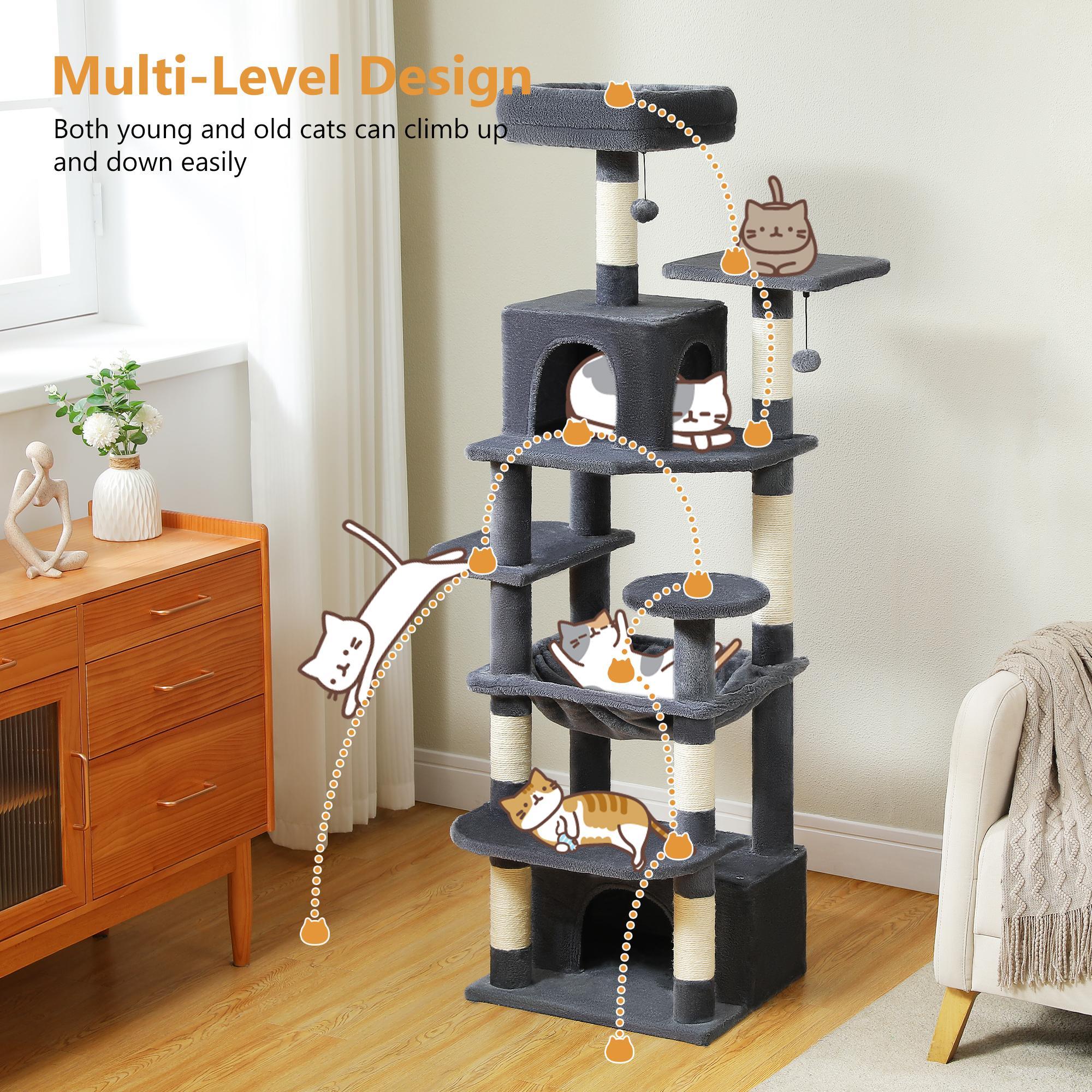 Large cat tree for large cats, litter box with sisal-covered scratching post and scratching pad, 2 padded perches, double litter box and cat basket for indoor cats