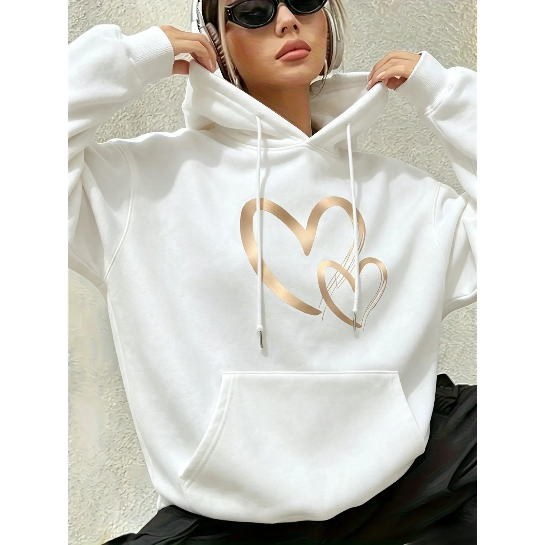 Gold Double Heart Graphic Hoodie 100% Cotton Oversized Pullover Sweatshirt for Women