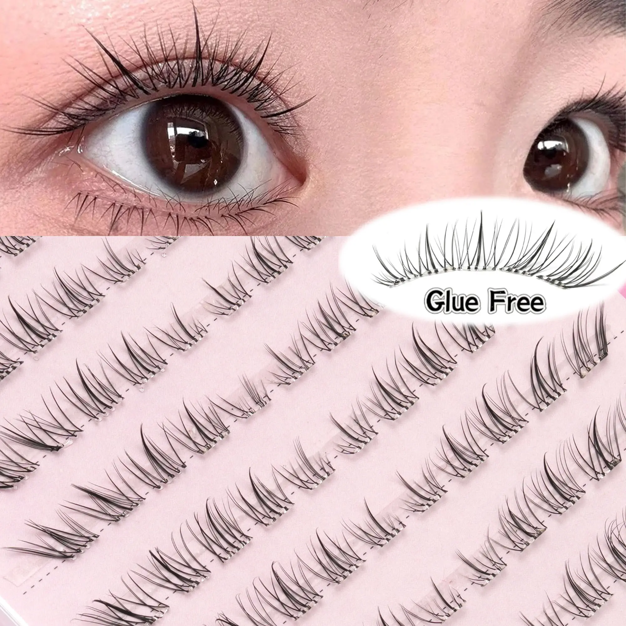 100 Pairs Japanese Natural Look Glue-Free False Lashes, Fine Smooth Fibers, Self-Adhesive, Comfortable Long Wear, Transparent Clean Makeup