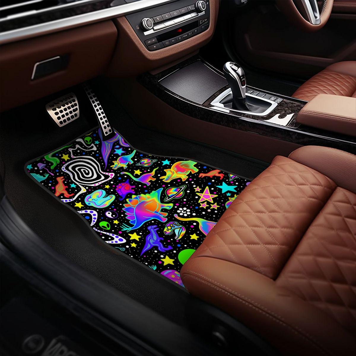 4pcs Y2K Neon Dinosaur Alien Car Floor Mats, Anti-Slip Polyester, Durable Absorbent, Easy to Clean, Suitable for Trucks Vans Suvs