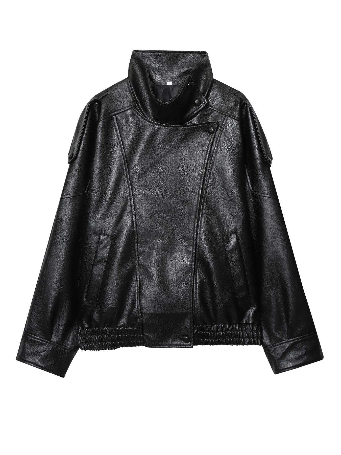 Bomb Jacket Black Faux Leather Jacket Stand Collar Oversized Moto Biker Jacket Elastic Hem Streetwear Casual Long Sleeve Waterproof Windproof Fashion Casual Outerwear for Spring & Fall, Ladies Clothes for Daily Wear