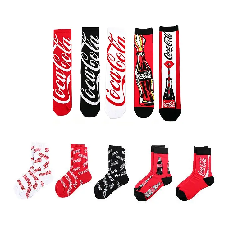 Set of 5 pairs of retro-style mid-calf socks featuring Coca-Cola patterns; unisex cotton socks with retro cartoon prints.