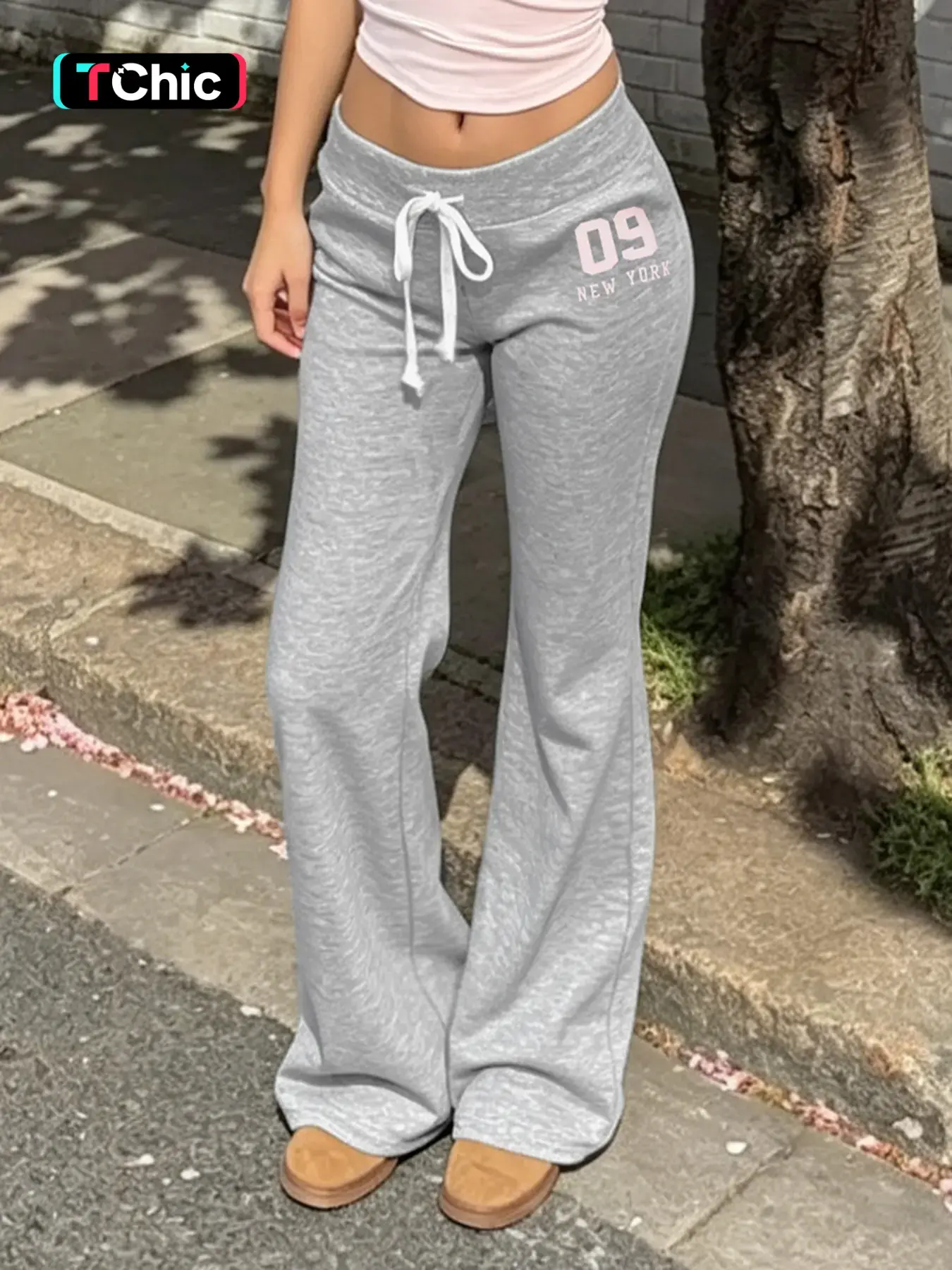 Women's Vintage Letter Print Slim Fit Flare Knit Pants, Street Style Low Waist Drawstring Long Pants, Casual All-Season Home Wear, Casual Fashion Trousers, Casual Chic Trousers
