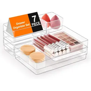 7-Piece Drawer Organizer with Non-Slip Silicone Pads, 4-Size Desk Drawer Organizer Trays Storage Tray for Makeup, Jewelries, Utensils in Bedroom Dresser, Office and Kitchen (Clear)