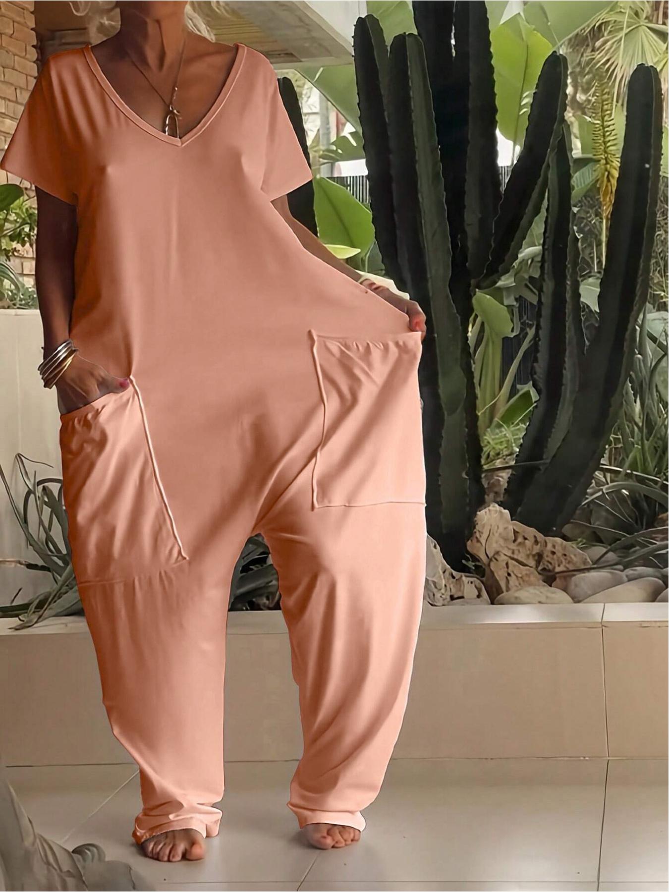 1/2/3 pcs Oversized Women's Harem Jumpsuit, Bohemian Style One-Piece Romper with Side Pockets, Casual Fashion for All-season 2026