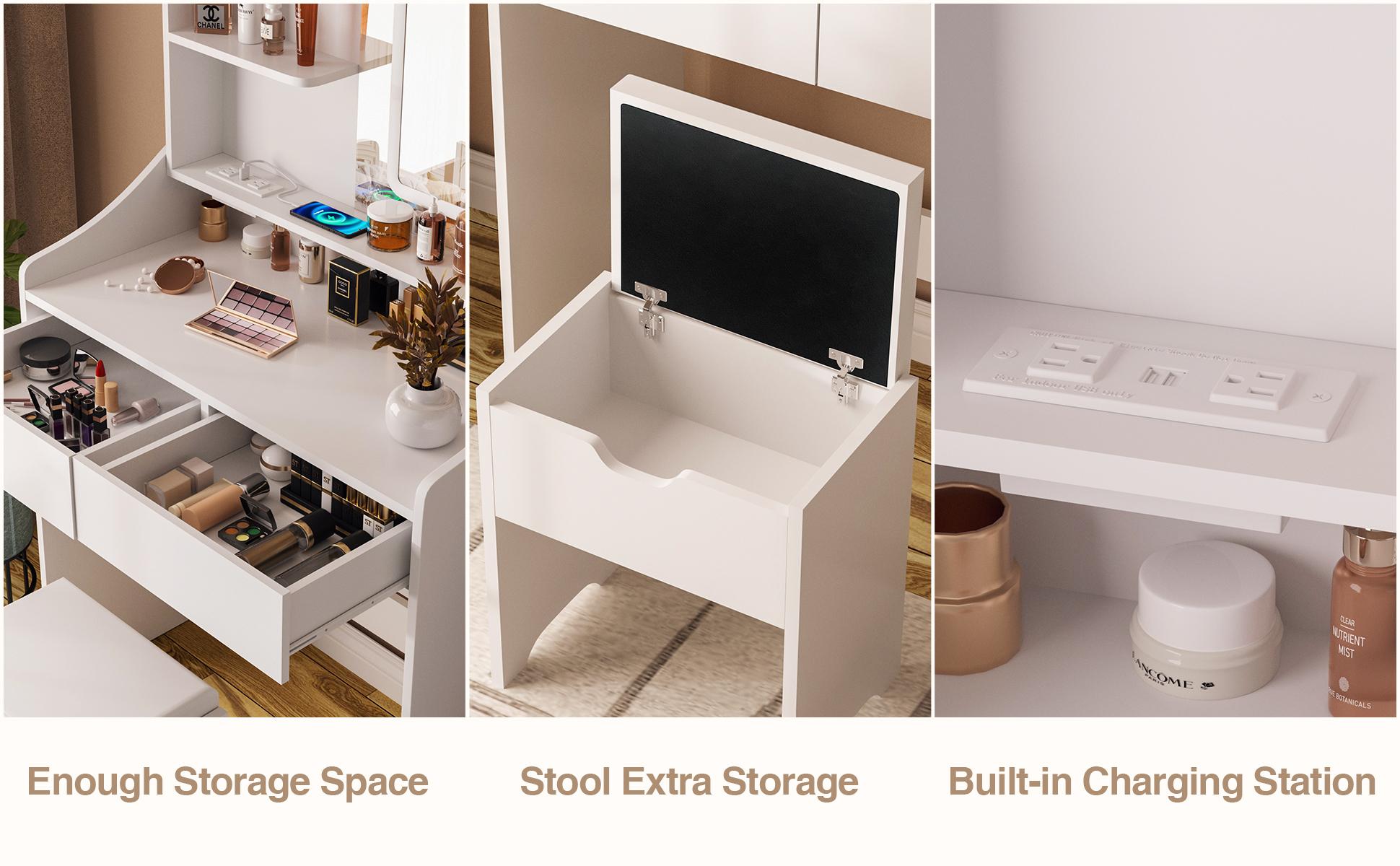 Vabches Vanity Desk with LED Light Mirror and Charging Station 30.3in, Small Vanity Set with 4 Storage Shelves 2 Drawers, Vanity for Girls Women with Storage Stool, Vanity Table for Bedroom Vabches Vanity Desk with LED Light Mirror and Charging Station 30.3in, Small Vanity Set with 4 Storage Shelves 2 Drawers, Vanity for Girls Women with Storage Stool, Vanity Table for Bedroom