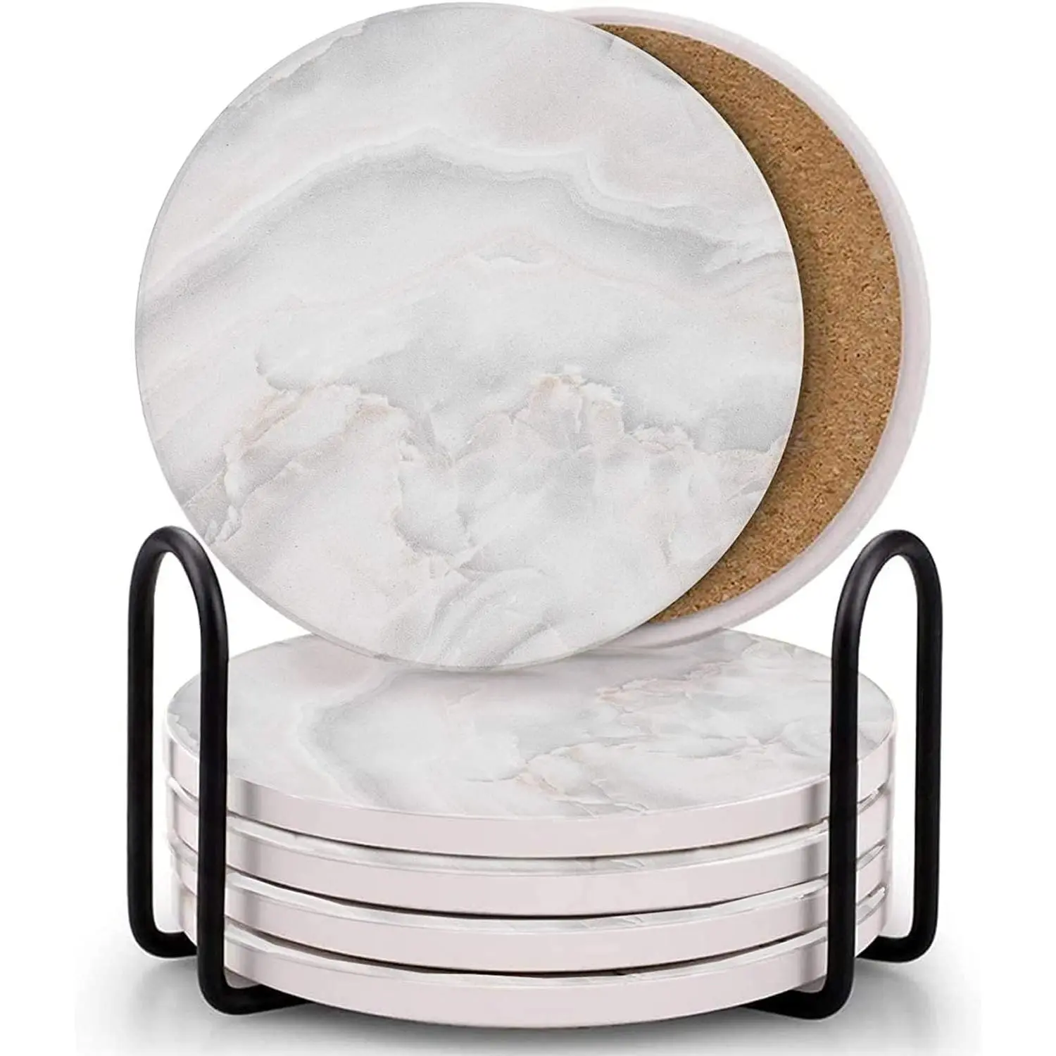 SURUIHK Marble Absorbent Coasters with Cork Back & Base, 6-Piece Tableware Set for Home Decor, Bars, Office