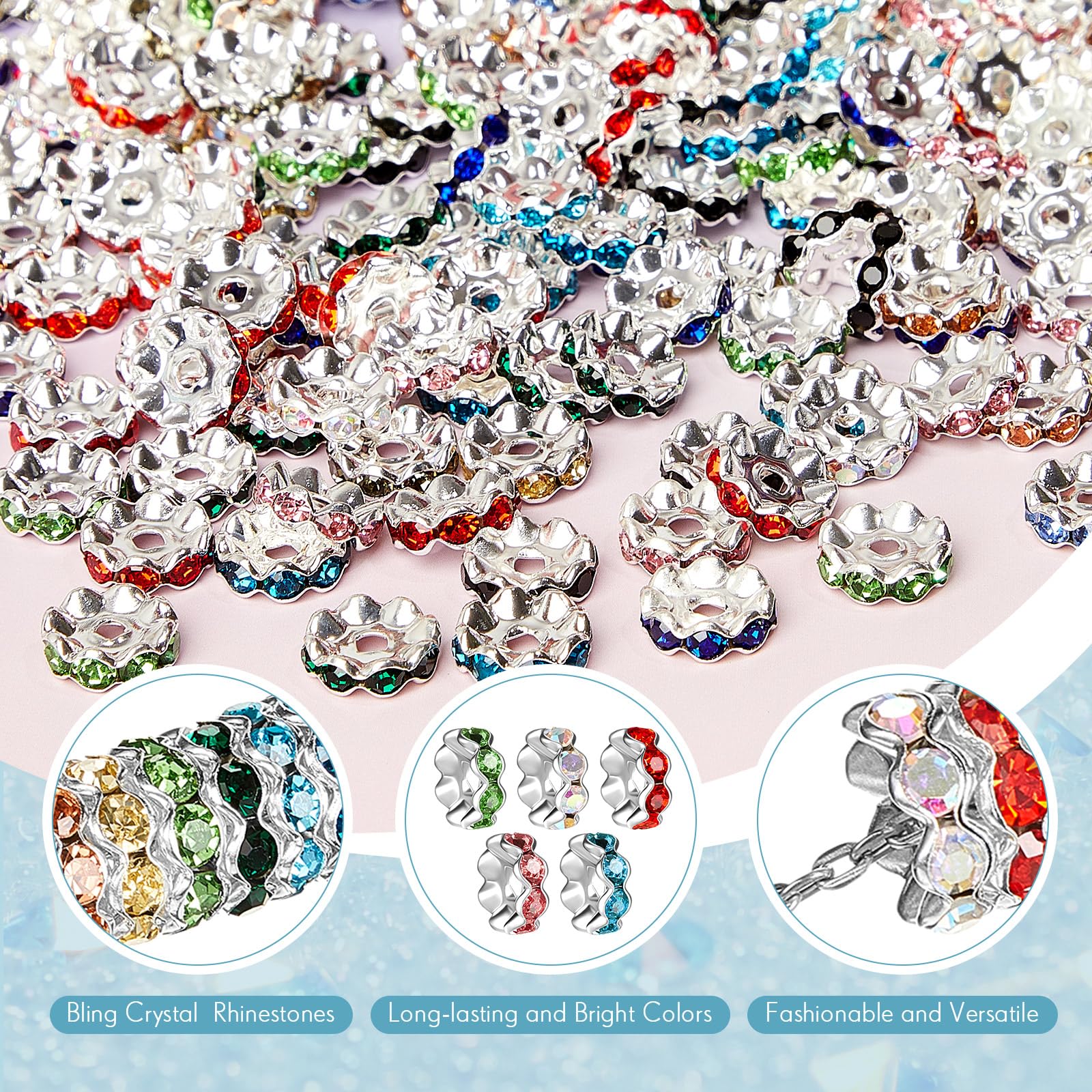 100 Pcs Large Hole Beads Multicolor Rondelle Spacer Beads for Pen Jewelry Making 12 mm Rhinestone Wave Spacer Beads European Beads for Bracelets Jewelry Beadable Pen DIY
