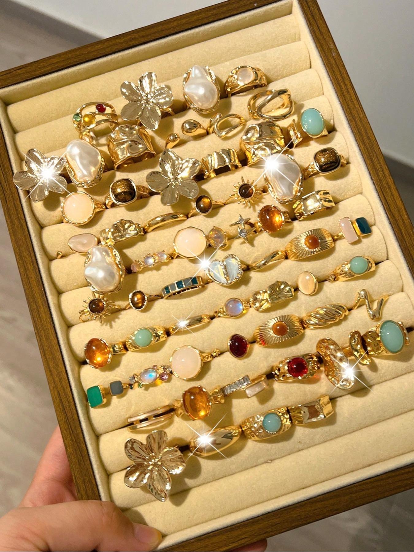 Women's Boho Ring Set, Jewelry Ring, Boho Style Rings, Vintage Elegant Design, Floral Bow Heart Rhinestone Moon Star Geometric Cat Eye Stone, Party Daily Wear Gift