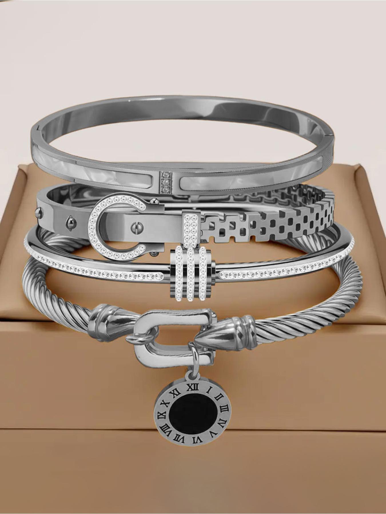 4-Piece Luxury Stainless Steel High Quality Bracelet Set, Women's Gold-plated Rhinestone Decorative Stackable Bracelets, Classic Wrist Accessory, Perfect Exquisite Holiday Gift