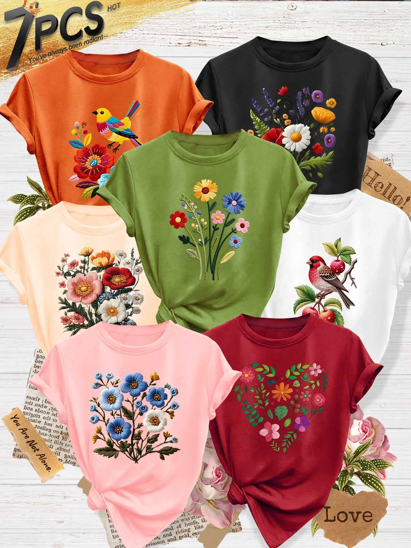 7Pcs Women Crew Neck T-Shirt, Country Embroidery Print Colorful Birds & Floral Heart Wreath, Multi-color Available, Machine Washable, Soft Skin-friendly Spring Summer Daily Stylish Top