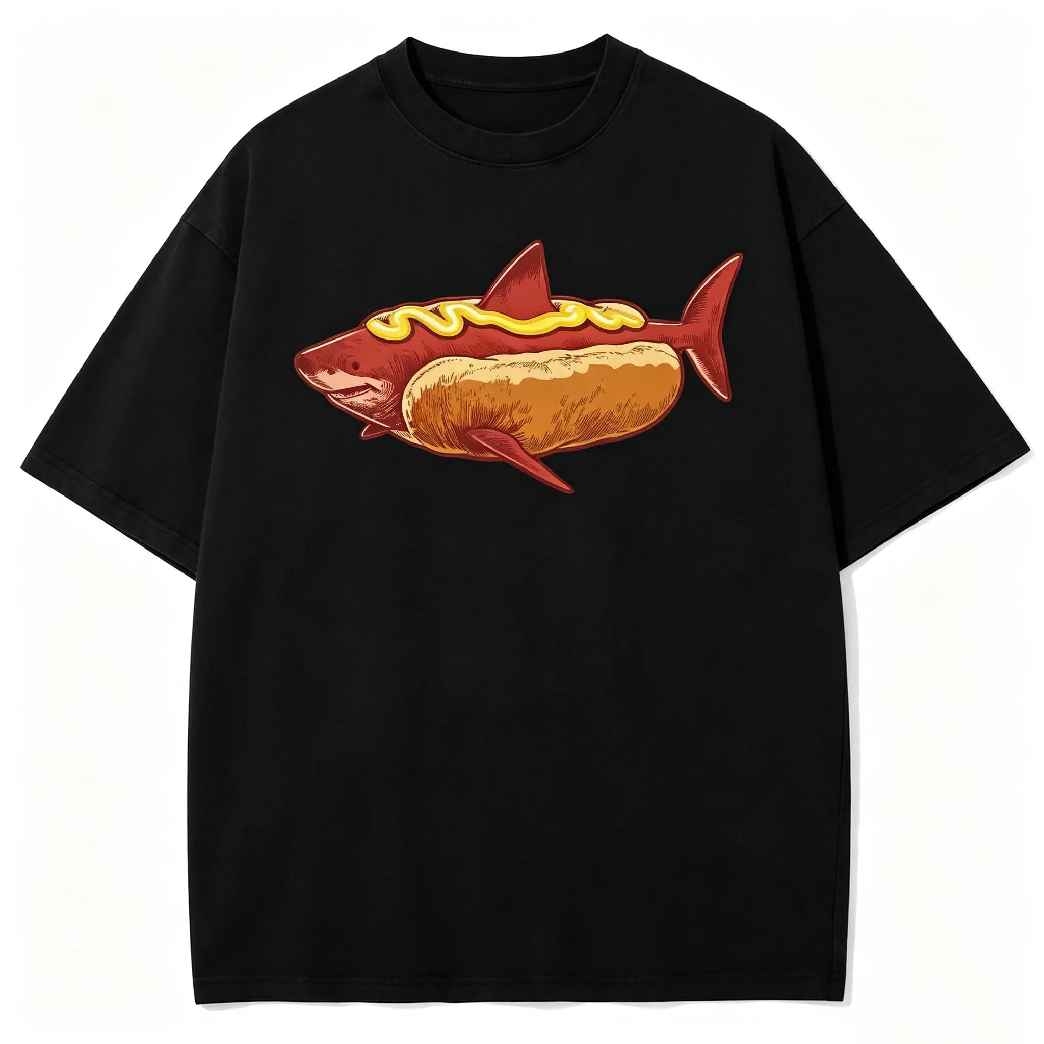 Funny Shark Hotdog Hybrid Novelty Graphic Short Sleeve Tee, Relaxed Fit Soft Breathable Wear Made With Durable Printed Craft, quirky womens summer clothing, eye-catching summer outfits women, unique cartoon casual top matching summervibes, lightweight adu