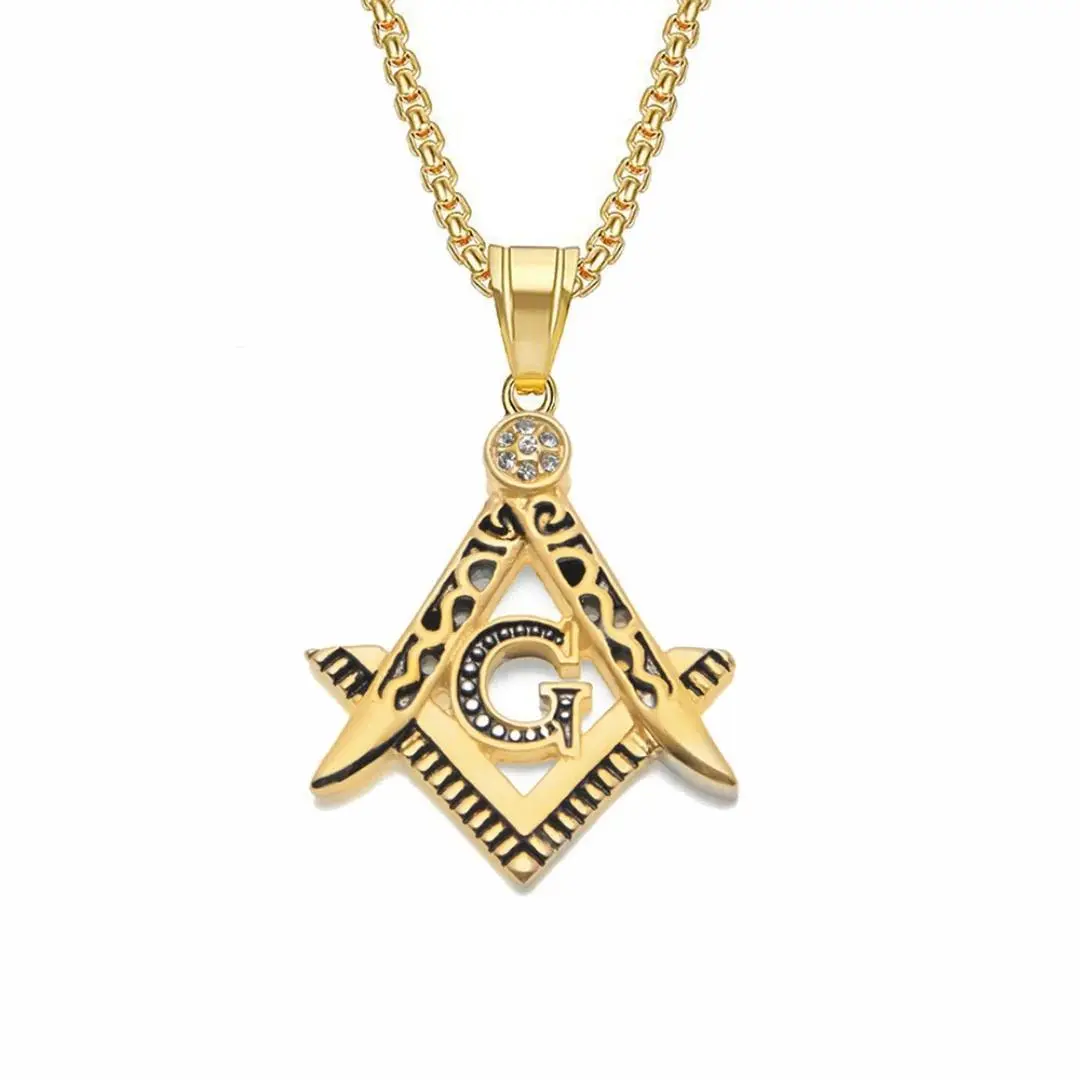 Punk Fashion Masonic Symbol Pendant Gold Silver Color Stainless Steel Zirconia Mason Necklace for Woman Man Jewelry Wholesale