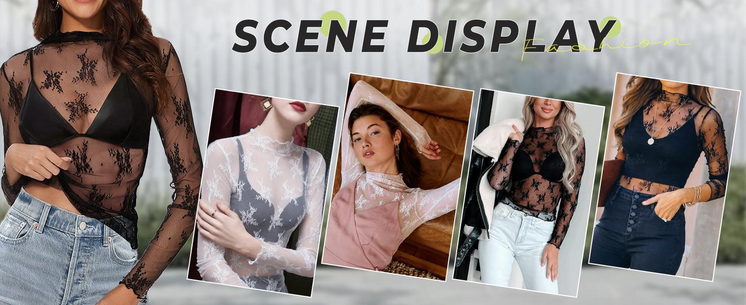 Women's 3-Pack Comfortable Lightweight Sheer Floral Embroidered Lace Long Sleeve Mock Neck Blouse Outfits, Black+White+Coffee, Polyester Edit Style Layering Lace Top for Camping & Outdoor Activities