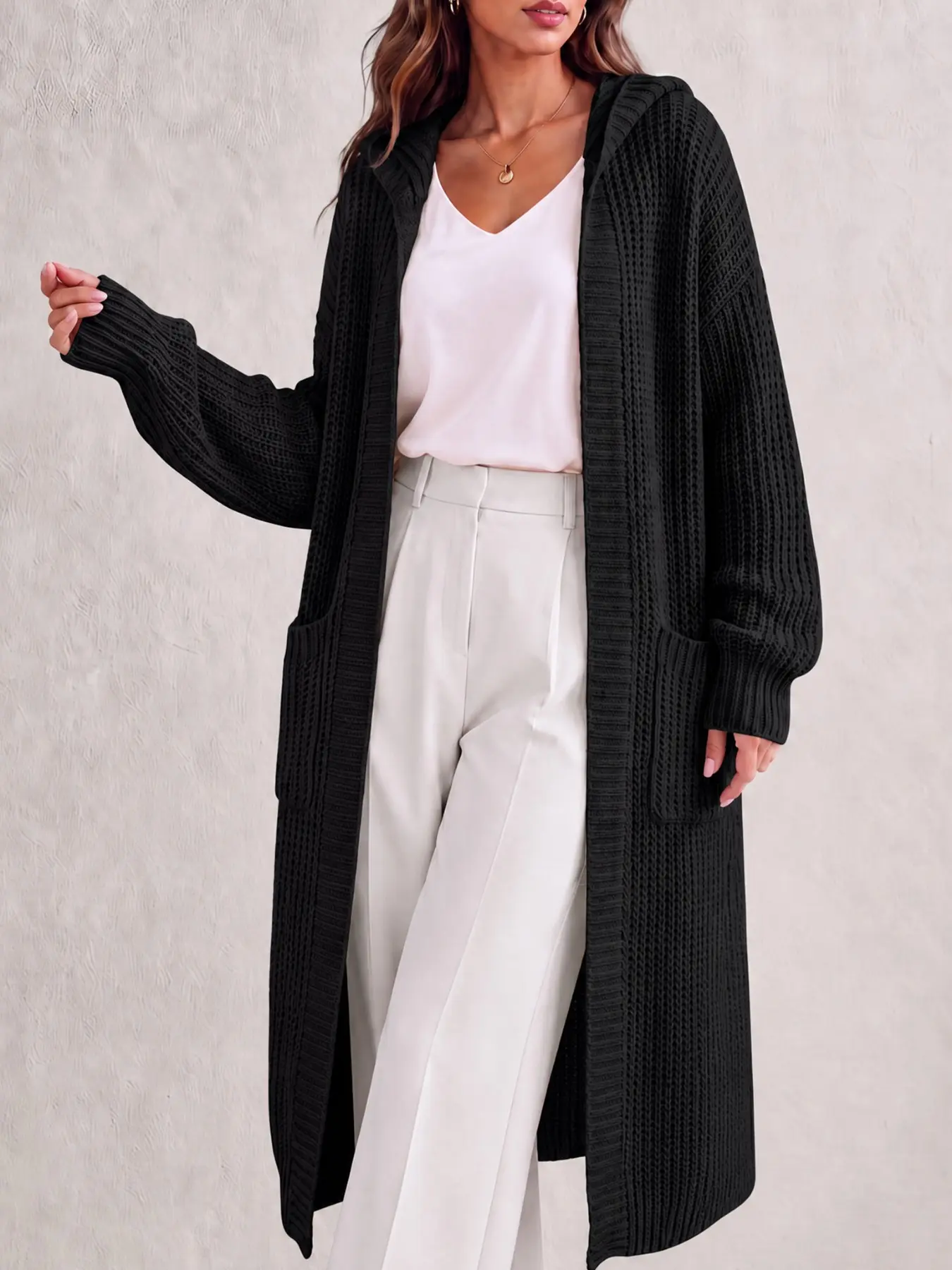 Oversized Hooded Long Knit Cardigan, Loose Thick Knit Maxi Open Front Coat With Pockets, Casual Soft Long Sleeve Sweater Duster Outwear For Women