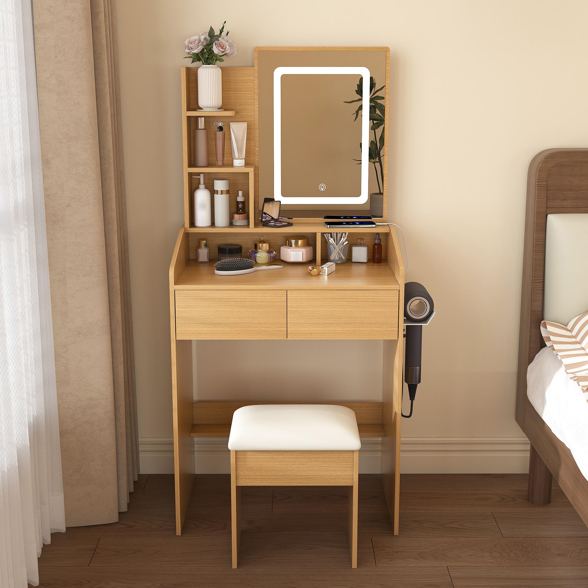 Small Vanity Desk with Mirror and Lights, Makeup Vanity Table with Power Outlet & 2 Drawers & 4 Shelves & Stool,Dressing Table Set for Bedroom, 3 Color Mode, Wood Small Vanity Desk with Mirror and Lights, Makeup Vanity Table with Power Outlet & 2 Drawers & 4 Shelves & Stool,Dressing Table Set for Bedroom, 3 Color Mode, Wood