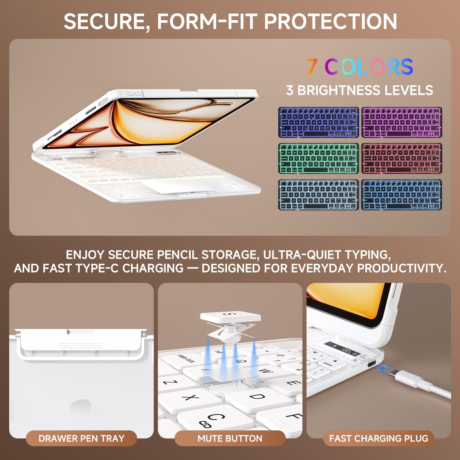 Lecsas 360° Swivel Keyboard Case for iPad 2018-2025 with Transparent Design, Magnetic Pencil Holder, Bluetooth Wireless, Durable & Lightweight Build(not include iPad!!!)