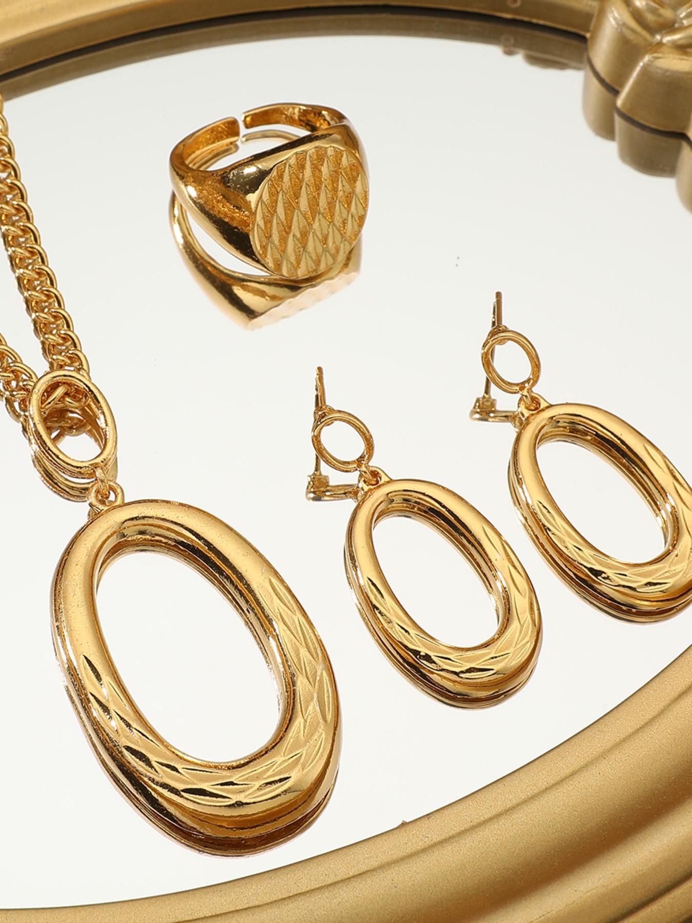4 Piece Set Vintage Oval Geometric Jewelry, Necklace Earrings Ring, Elegant Party Wedding Accessories, All Seasons
