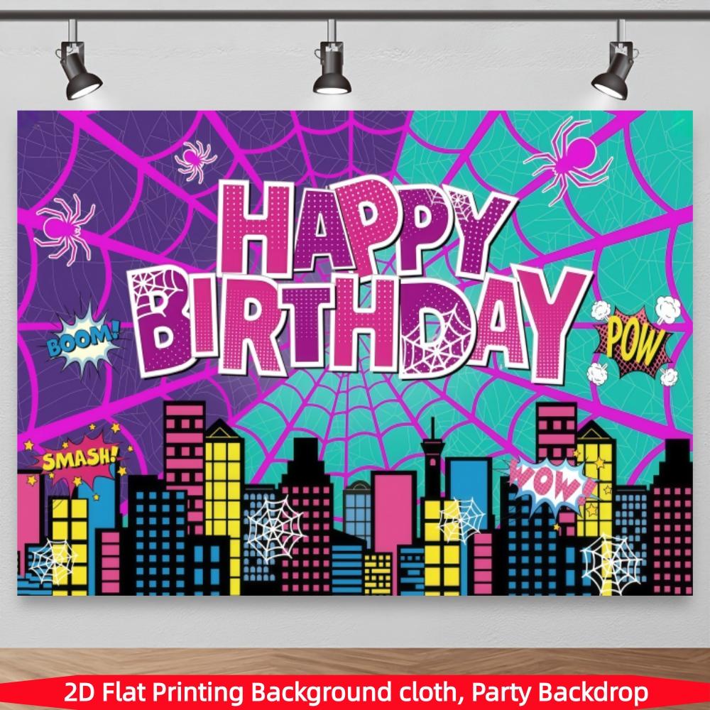 Pink Spider Web Happy Birthday Photography Background, City Skyline Architectural Background Photo Booth Prop, Polyester Material, Suitable for Photo Booth, Party, Birthday, Celebration, and Indoor/Outdoor Family Birthday Party Decoration