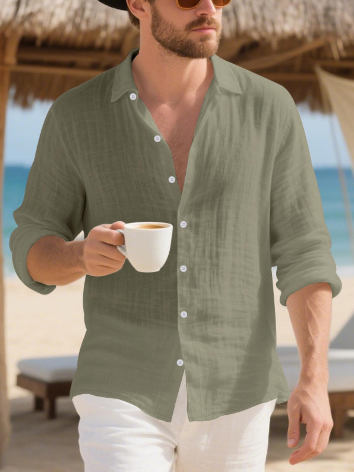 Men's Loose-Fit Linen Collared Shirt, Casual Long Sleeve Button-Down Top, Breathable Woven Fabric, Spring & Fall Fashion, Ideal for Beach Vacation