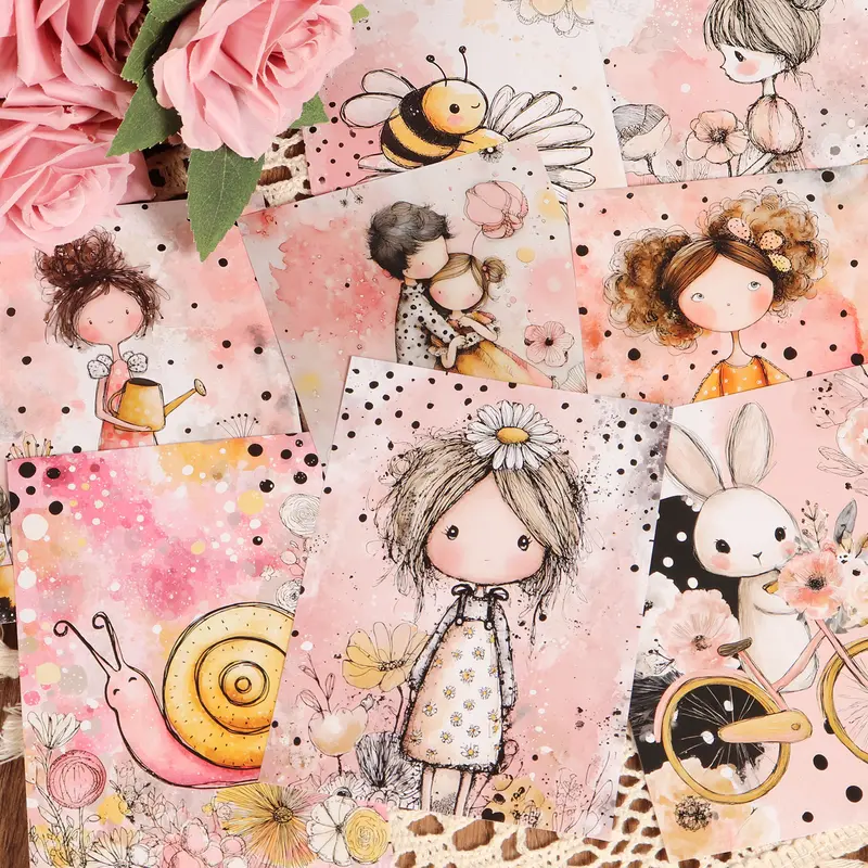 JAIIMAN 32pieces Bee and Girls in Garden Ephemera Junk Journal Paper, Craft Kit, Diy Craft Kit, for Arts Crafts, Scrapbooking Supplies, Scrapbook Materials, Picture Frame Decoration, Journaling Supplies, Notebook Covers, Card Making, Scrapbook Accessories